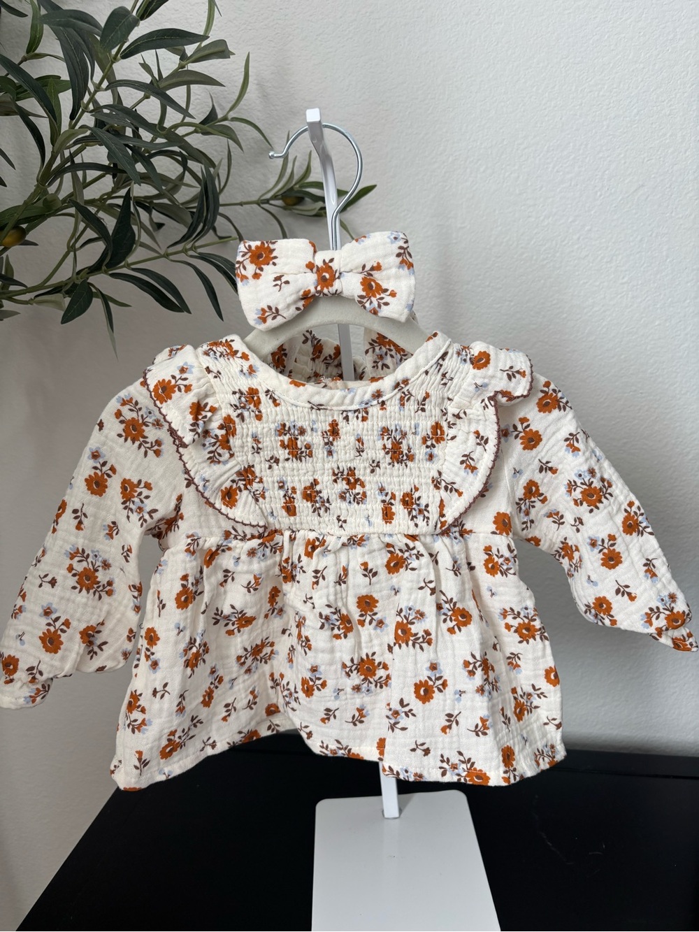 Little Lass Cream Floral Ruffle Top with Rust Orange Bow